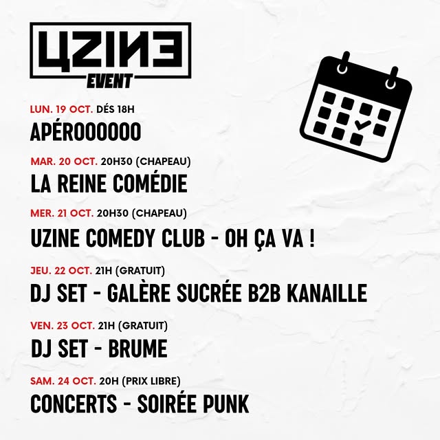 🔧 CETTE SEMAIИE À L’UZIИE 🔧 🔸 Lun. 19 oct - dès 18h Apérooooooo 🔸 Mar. 20 oct - 20h30 (chapeau) Stan